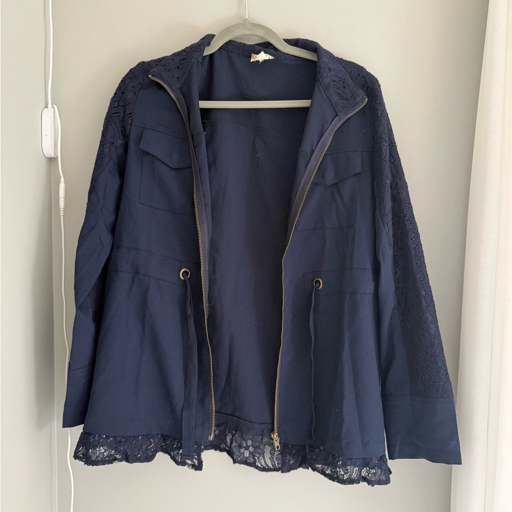 Navy Blue Women's Jacket with Lace Detail